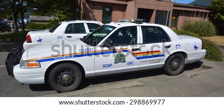 TOFINA BC CANADA JUNE 17 2015: Tofino RCMP police car.Royal Canadian Mounted Police known as the Mounties, and internally as \'the Force\') is both a federal and a national police force of Canada.