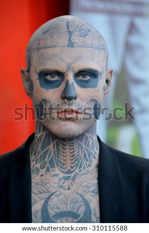 MONTREAL CANADA 08 21 2015: Rick Genest is a Canadian artist, actor and fashion model born in Chateauguay Quebec. He is also known as Zombie Boy for the corpse tattoos covering majority of his body