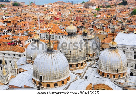 View of domes, San Marco Basilica in Venice The Patriarchal Cathedral Basilica of Saint Mark is the cathedral church of the Roman Catholic Archdiocese of Venice