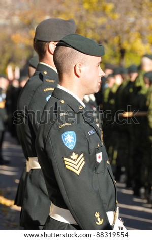 MONTREAL CANADA NOVEMBER 6 :Canadians soldiers in uniform for the remembrance Day on November 6,  2011, Montreal, Canada.The day was dedicated by King George V on 7-11-19 as a day of remembrance.