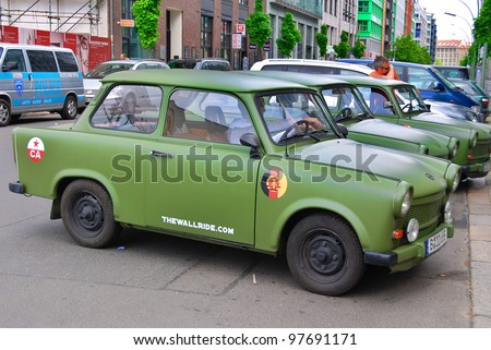 BERLIN - GERMANY MAY 22: Famous Trabant police car in front the GDR musuem on May 22, 2010 in Berlin, Germany. The Trabant is a car that was produced by former East German auto maker VEB in Zwickau.