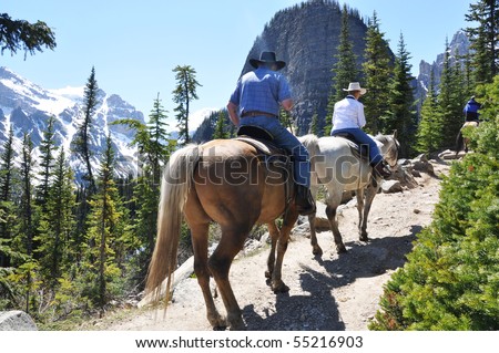 Horseback trail riding in lake Louise area, canada