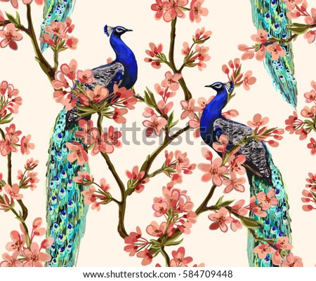 Beautiful vector seamless pattern with peacock tropical japanese flowers, tree, spring wallpaper, branches. Perfect for wallpapers, web page backgrounds, surface textures, textile.
