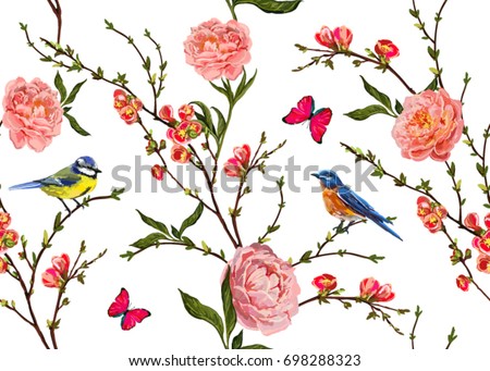 Seamless vector floral pattern background with hand drawn birds, tropical japanese flowers, butterflies, peony flowers. Perfect for wallpapers, web page backgrounds, surface textures, textile.