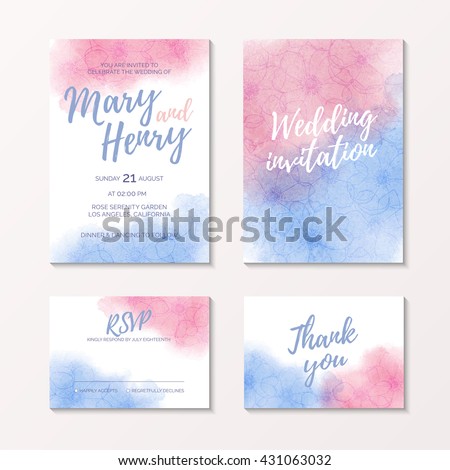 Watercolor wedding invitation of color 2016 Rose Quartz and Serenity with flower anemone, pink and blue watercolour bridal template for thank you and rsvp card, hand drawn vector design