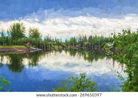 Illustrative image of fishing pond under cloudy blue sky.