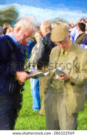 Illustrative image of two men studying horse race program.  Getting ready to place bets.