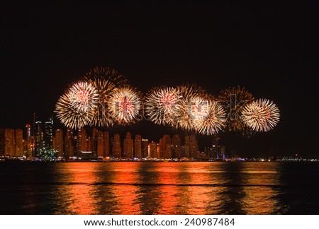 Fireworks over Dubai Marina by night. Celebration of opening first Dubai Tram service on November 11, 2014. United Arab Emirates