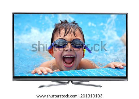 Led lcd tv showing a high picture quality of a happy boy swimming. isolated on white