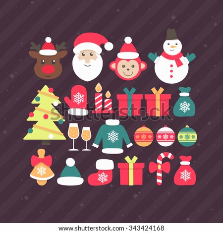 Merry christmas and happy new year icon collection with holiday characters, santa, raindeer, snowman, monkey, christmas tree, ornament, clothes and gifts. Cute card for holidays design