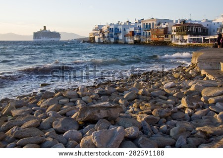 MYKONOS - MAY 8: Little Venice on May 8, 2015 in Mykonos. Little Venice is a row of fishing houses that line the waterfront of the Mykonos Island.