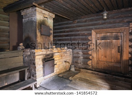 Interior of the Russian traditional wooden bath with stove