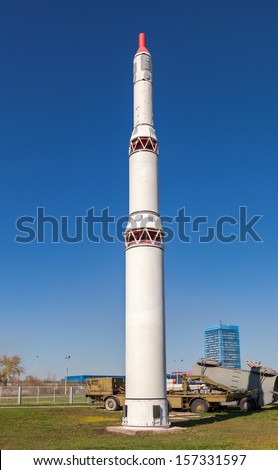 TOGLIATTI, RUSSIA - MAY 2: Intercontinental ballistic missile SS-13 mod.1 Savage as monument on May 2, 2013 in Togliatti. Rocket height - 20 m, diameter - 1.7 m, weight - 34 tons, range - 8,000 km