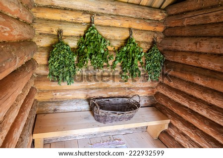 Birch brooms for a steam room in traditional russian wooden bath