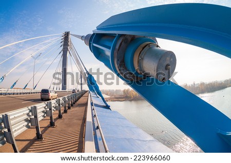 SAMARA, RUSSIA - OCTOBER 5, 2014: Kirovsky cable bridge across the Samara river in Kirovsky district of Samara city, Russia. Length of bridge about 600 meters