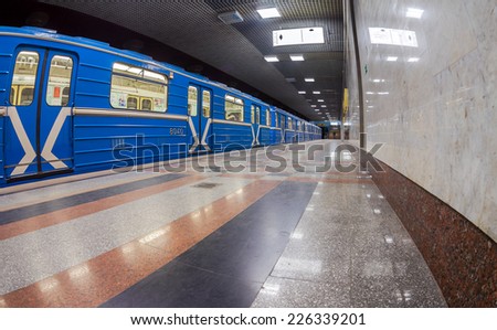 SAMARA, RUSSIA - OCTOBER 25, 2014: Subway train stand on the end station. Interior view of the station Rossiyskaya
