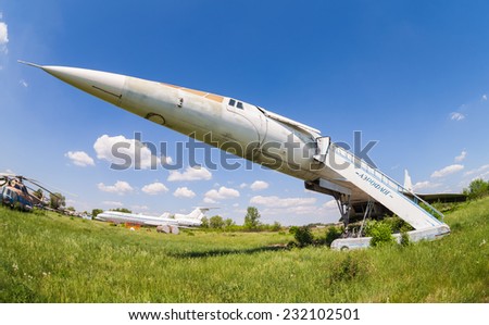SAMARA, RUSSIA - MAY 25, 2014: Tupolev Tu-144 plane was the first in the world commercial supersonic transport aircraft at the abandoned aerodrome
