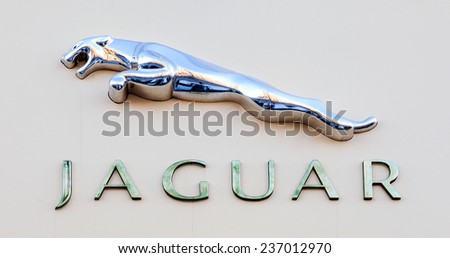 SAMARA, RUSSIA - DECEMBER 6, 2014: Jaguar dealership sign. Jaguar is a brand of the British car manufacturer Jaguar Land Rover