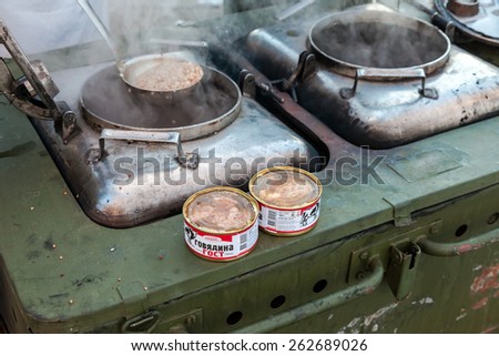 SAMARA, RUSSIA - MARCH 17, 2015: Cooking food on a military field kitchen in field conditions