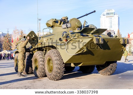 SAMARA, RUSSIA - NOVEMBER 7, 2015: Russian Army BTR-82 wheeled armoured vehicle personnel carrier