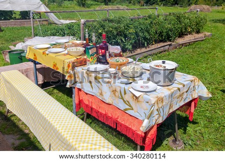 NOVGOROD REGION, RUSSIA - JULY 20, 2015: Laid dining table in the garden during the summer sunny day