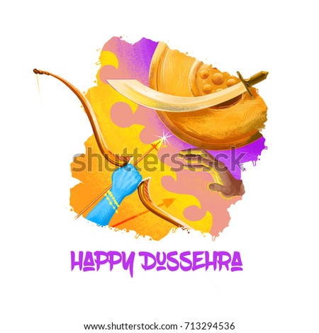 Digital art illustration for indian holiday Vijayadashami. Happy Dussehra writing. God Rama with bow, arrows fighting against evil demon Ravana. Dasara hindu festival graphic clip art design drawing