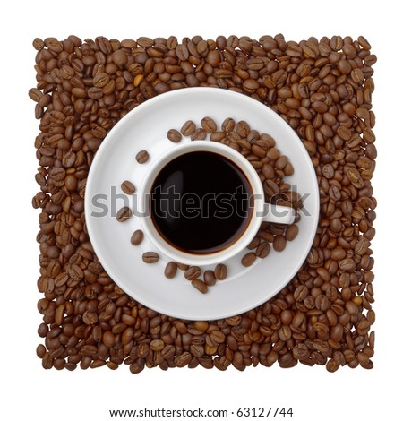 Coffee cup on brown beans square background. Isolated on white