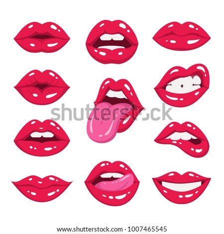 Red lips collection. Vector illustration of sexy woman\'s lips expressing different emotions, such as smile, kiss, half-open mouth, biting lip, lip licking, tongue out. Isolated on white.