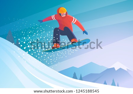 Snowboarding. Vector illustration of a jumping snowboarder in trendy flat style, isolated on snow mountains background.