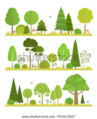 Set of flat forest and park elements, combined in landscapes views.
