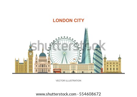 London city skyline. Vector illustration of most famous London attractions in trendy flat style. Isolated on white background.