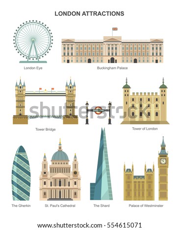 London architecture. Vector collection of London attractions, such as London Eye, Tower of London, The Shard, Buckingham Palace, Tower Bridge. Isolated on white.