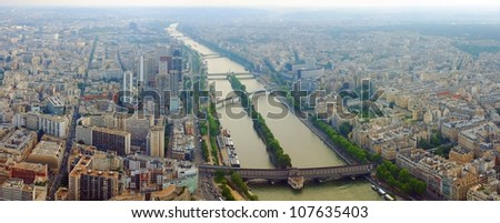 Paris city and seine river view from old Eiffel tower.