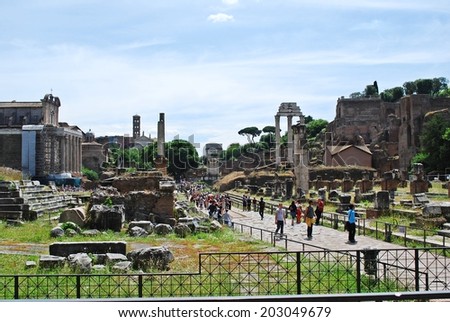 ROME, ITALY - MAY 29: Ruins of the old and beautiful city Rome. Tourists in Rome city on May 29, 2014, Rome, Italy.