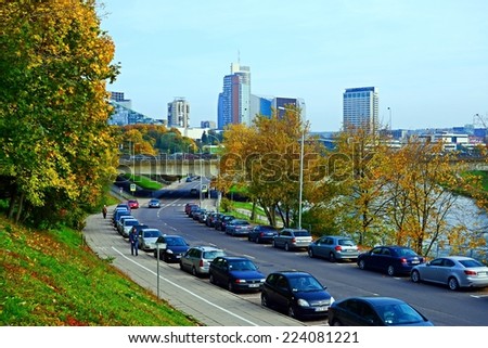VILNIUS, LITHUANIA - OCTOBER 9: Vilnius city street, cars and skyscrapers view on October 9, 2014, Vilnius, Lithuania.
