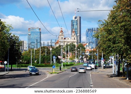 VILNIUS, LITHUANIA - SEPTEMBER 24: Vilnius city center street with cars and houses on September 24, 2014, Vilnius, Lithuania.