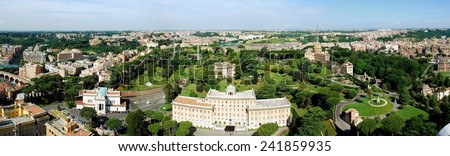 ROME, ITALY - MAY 31: Aerial view of Rome city from St Peter Basilica roof to Vatican gardens on May 31, 2014, Rome, Italy.