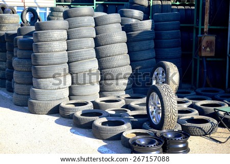 VILNIUS, LITHUANIA - MARCH 17: Market of second hand used tyres in Vilnius city on March 17, 2015, Vilnius, Lithuania.