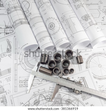 Engineering and engineering technology. Engineering drawing, measuring instrument - Vernier caliper and parts are steel sleeves. The set of elements reflecting the concept of engineering and design.