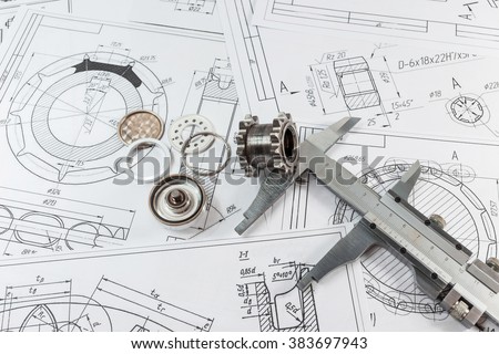 Engineering and technology. Engineering drawing, Measuring instrument - Vernier caliper and parts are steel sleeves. The set of elements reflecting the concept of engineering. Or technical progress.
