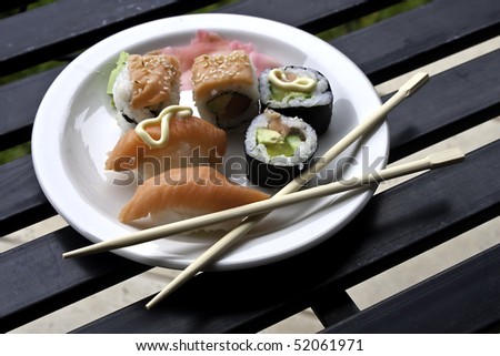 A plate of sushi ion a white plate with eating utensils on a black wood table
