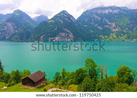 Amazing emerald green Vierwaldstatter lake (vierwaldstattersee) near Luzern city, Switzerland