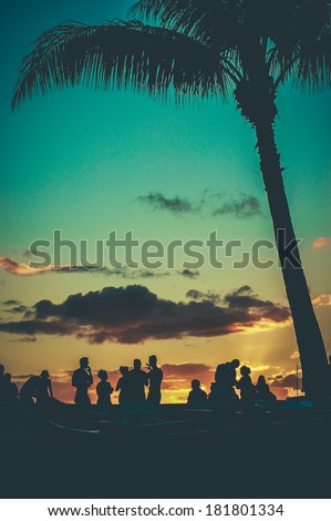 Young People At Retro Styled Hawaiian Sunset Beach Party