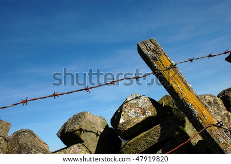 A barbed-wire fence alongside a dry-stone wall in Scotland