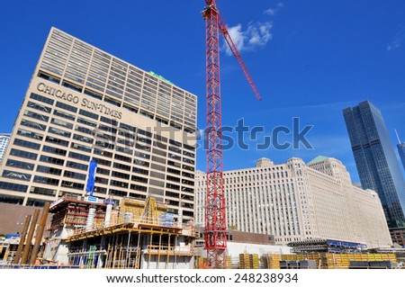 CHICAGO, USA - OCTOBER 6: City buildings and construction beside Chicago river in downtown of Chicago, Illinois, in October 6th, 2014.Chicago is the biggest city in North of USA.