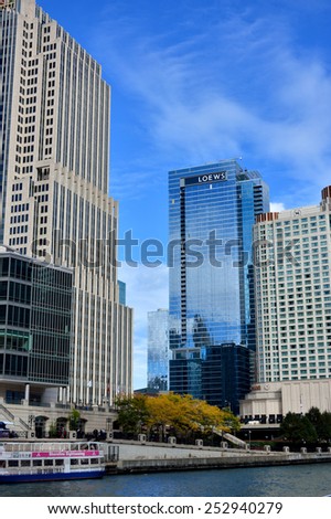 CHICAGO, USA - OCTOBER 6: City buildings beside Chicago river in downtown of Chicago, Illinois, in October 6th, 2014.Chicago is the biggest city in North of USA.