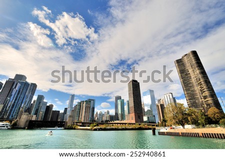 CHICAGO, USA - OCTOBER 6: City skyline of Chicago and Chicago river view, Illinois, in October 6th, 2014.Chicago is the biggest city in North of USA.