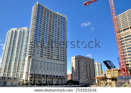 CHICAGO, USA - OCTOBER 6: City buildings and construction beside Chicago river in downtown of Chicago, Illinois, in October 6th, 2014.Chicago is the biggest city in North of USA