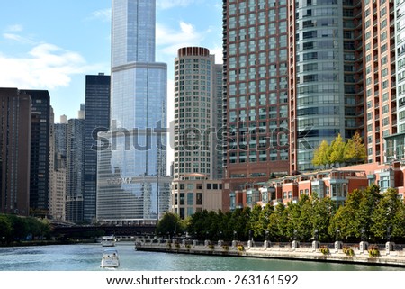 CHICAGO, USA - OCTOBER 6: City buildings beside Chicago river in downtown of Chicago, Illinois, in October 6th, 2014.Chicago is the biggest city in North of USA
