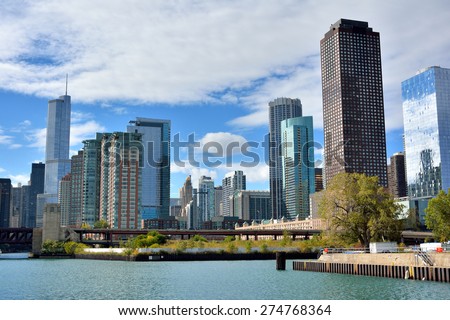 CHICAGO, USA - OCTOBER 6: City views at entry of Michigan lake from Chicago river in downtown of Chicago, Illinois, in October 6th, 2014.Chicago is the biggest city in North of USA.